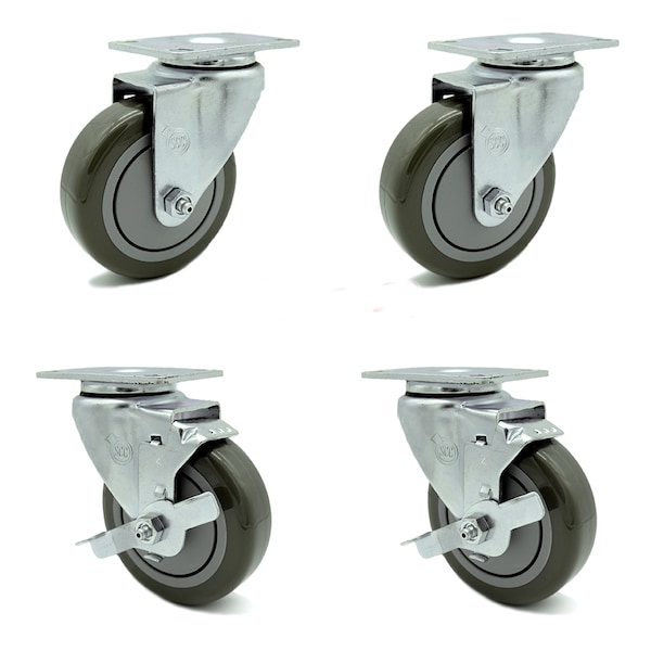 4 Inch Gray Polyurethane Wheel Swivel Top Plate Caster Set with 2 Brakes SCC